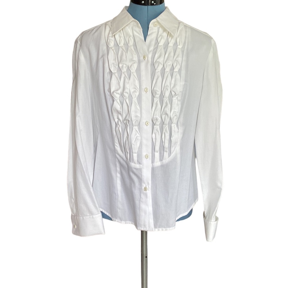 NWT Jones of New York Signature Petite Large Cotton Long Sleeved Ruffled Blouse